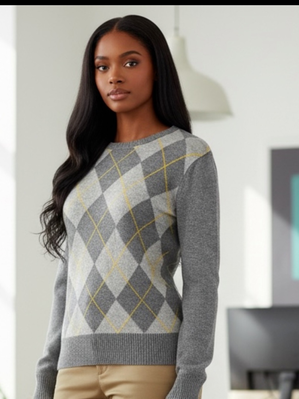 Merona Gray Argyle Crewneck Sweater with Yellow Piping